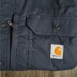 Carhartt Men’s Large Utility Navy Button-Up Work Shirt with Orange Logo Patch